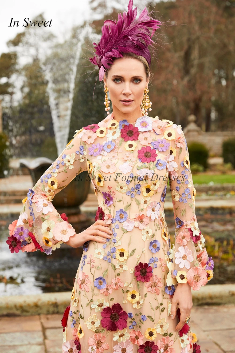 Mn Jewel-Robes florales 3D pour la mère de la mariée, robe d'invité de mariage, robe trapèze à manches 3/4, longueur de thé, vêtements de fête des mères