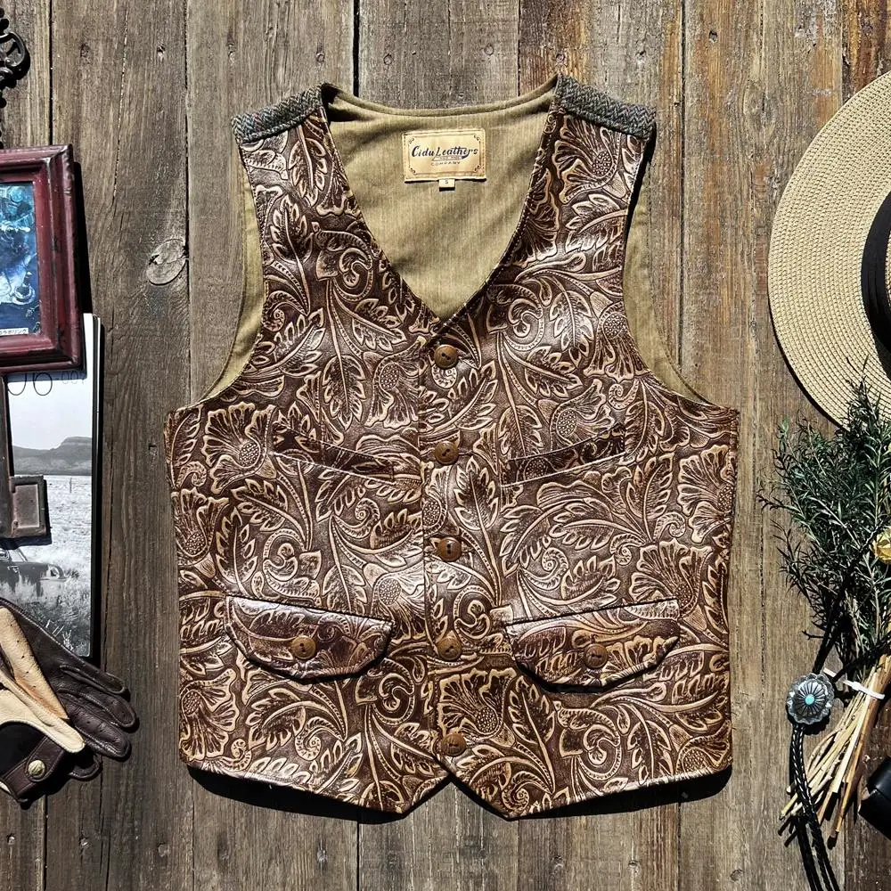 

Double color do old leather RRL style relief waistcoat American retro leather vest