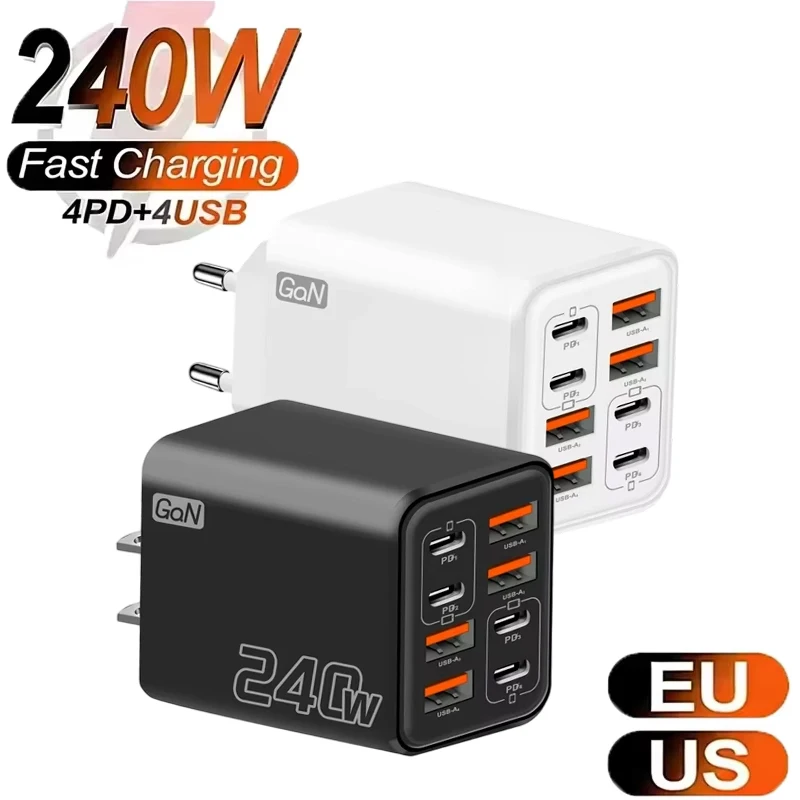 240W GaN USB C Charger 8 in 1 Fast Charging Phone Charger Power Adapter For iPhone Samsung Xiaomi Type C EU/US Plug Wall Charger