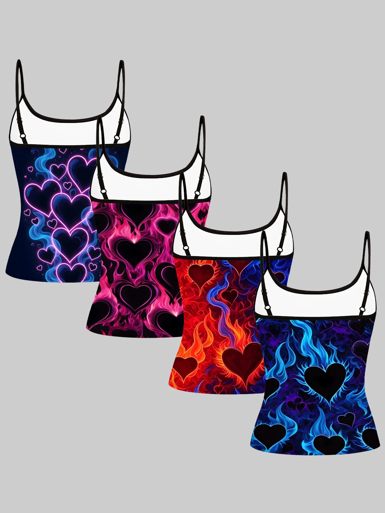Women's 4-Piece Set of Printed Camisoles with Blue-Purple Neon Heart, Pink Fire-Red Heart, Red-Blue Contrasting Flame, and Black Heart Patterns, Slim-Fit, Flattering, Suitable for Outerwear or as a Base Layer, Sleeveless Tops
