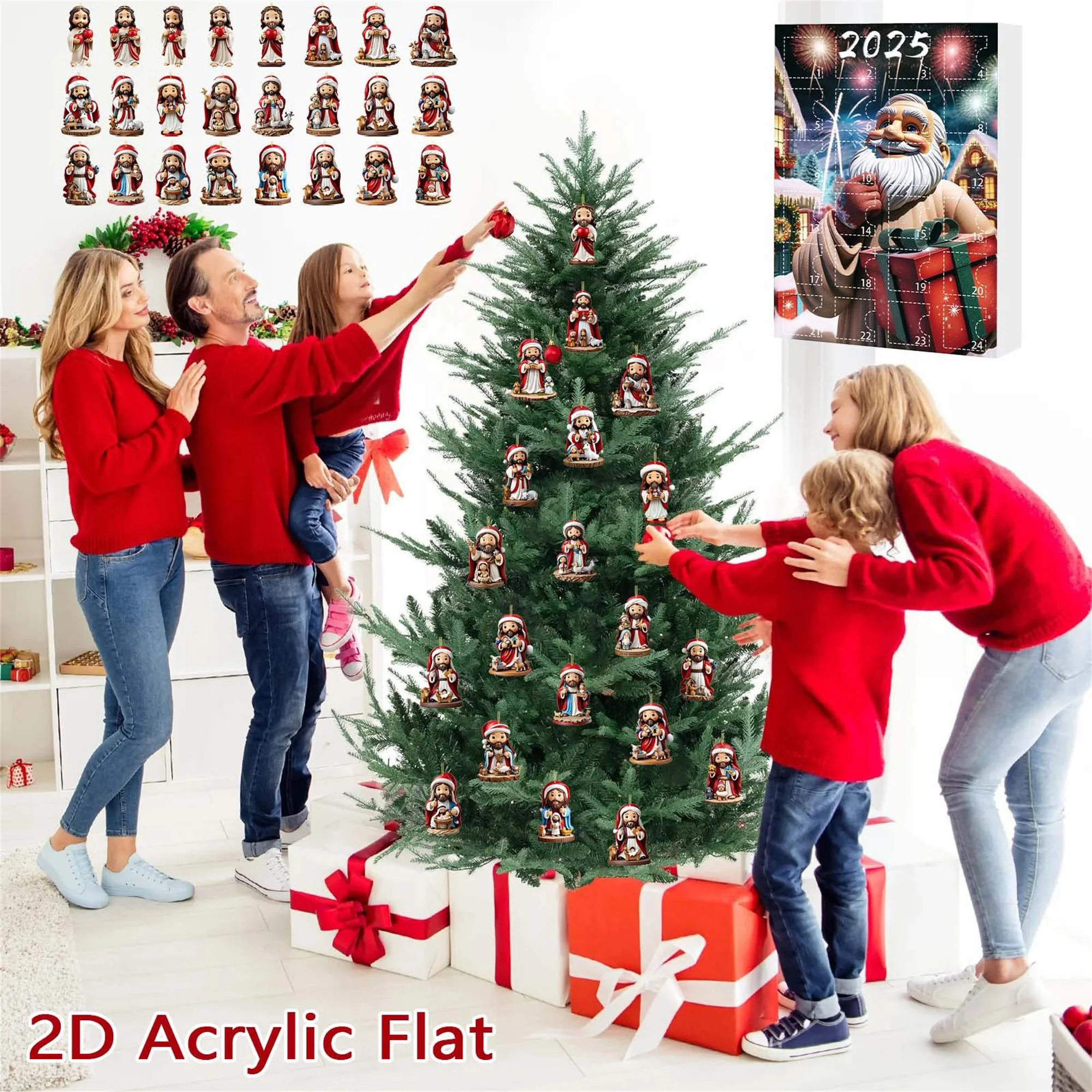 Conjunto de calendário religioso de contagem regressiva de Natal com 24 dias de caixas surpresa com ornamentos de Jesus acrílicos planos 2D