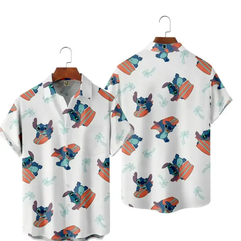 Disney Stitch camisas havaianas, manga curta, blusa de férias casual, tops de verão, 2024