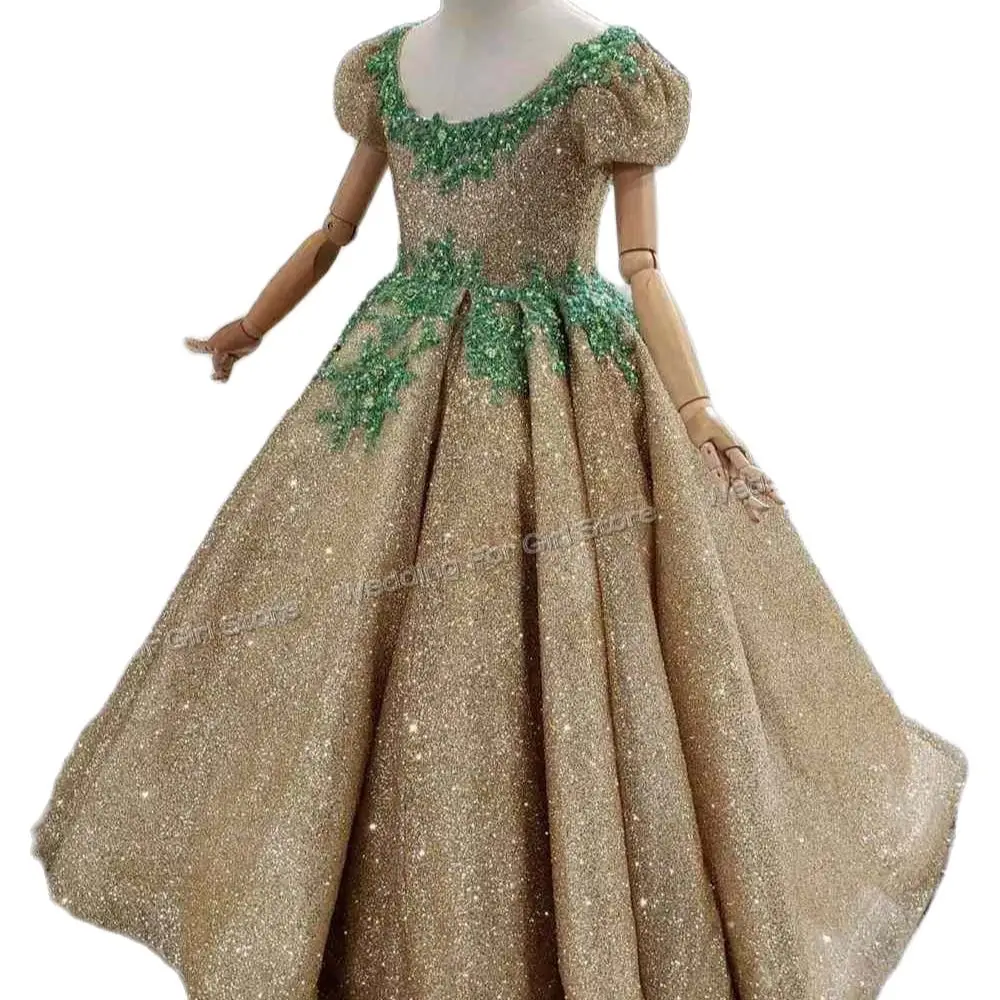 Bling Gold Sequined Lace Flower Girls Dresses For Weddings Sequins Green Appliques Beads Short Sleeves Corset Back Kids Birthday