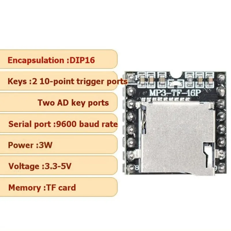 FEDI-Simplified Output Speaker Included Mini MP3 Player Module Dfplayer MP3-TF-16P Supports MP3/WAV/WMA File Formats TF Card FAT