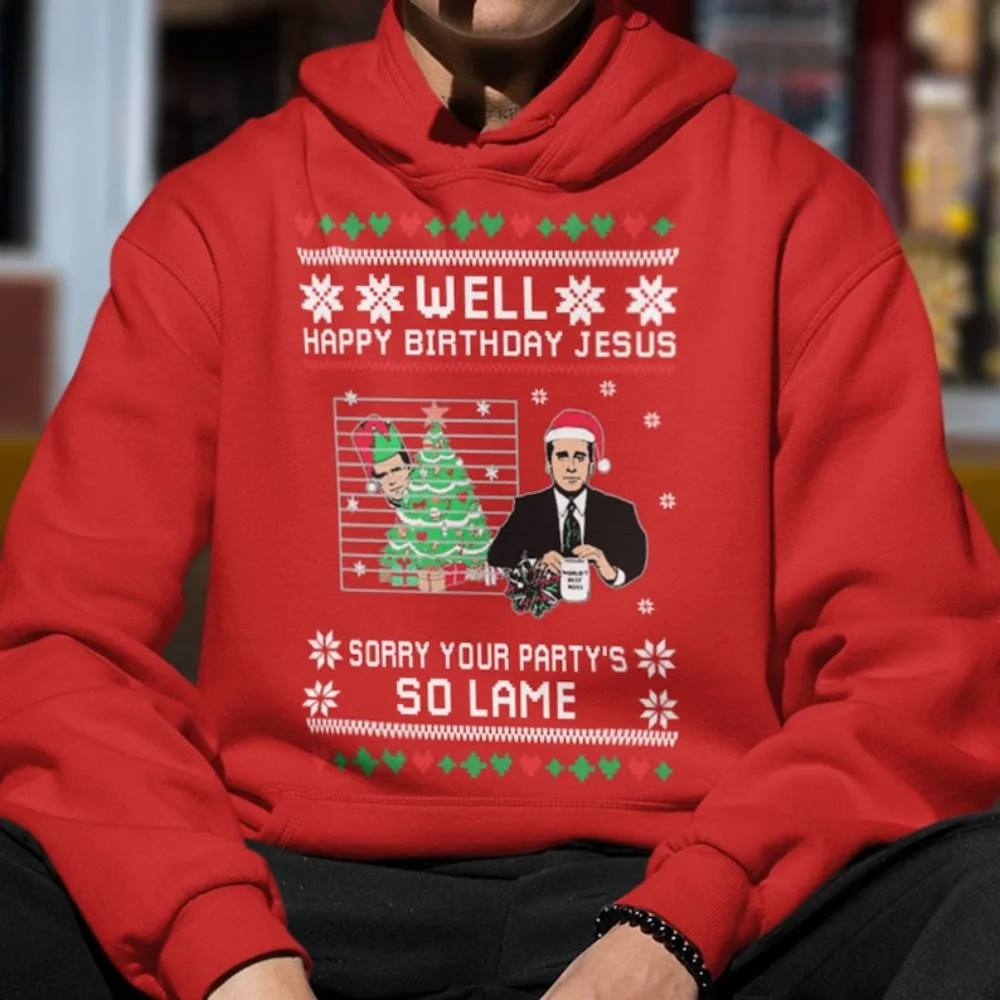 Das Büro Alles Gute zum Geburtstag Jesus Sorry Your Party's So Lame Lustiges Weihnachts-Sweatshirt Hässliche Weihnachten Unisex Hoodies Herrenbekleidung