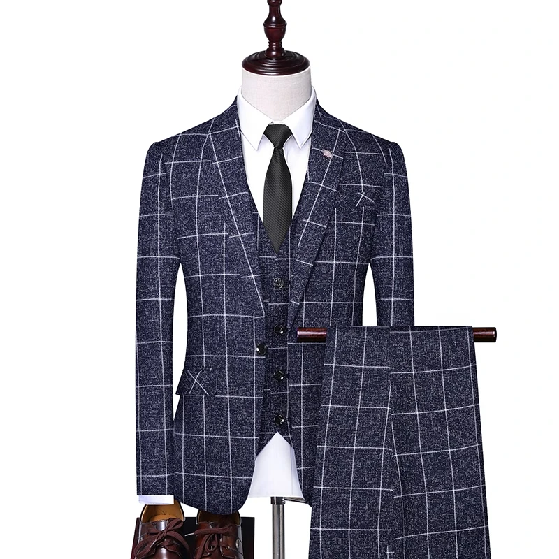 

(Jackets+Vest+Pants) Men Plaid Business Blazers/Male Slim Fit Pure Cotton Three-piece Suit/Man Plaid Groom Dress Tuxedo S-4XL