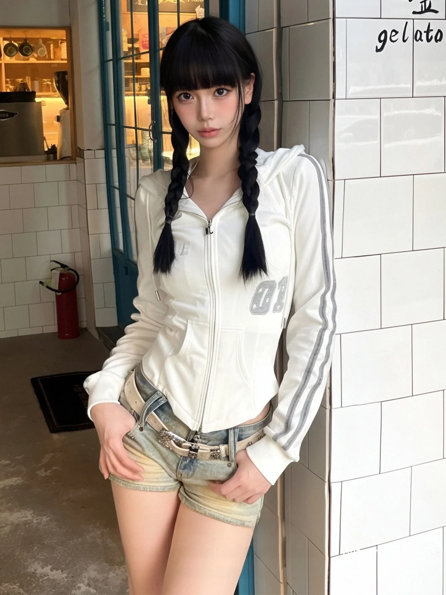 

American Sle Spicy Girl Hoodie Women Spring Autumn Waist Cinching Sports Open Cardigan Jaet White Double Zipper Hoodie Top