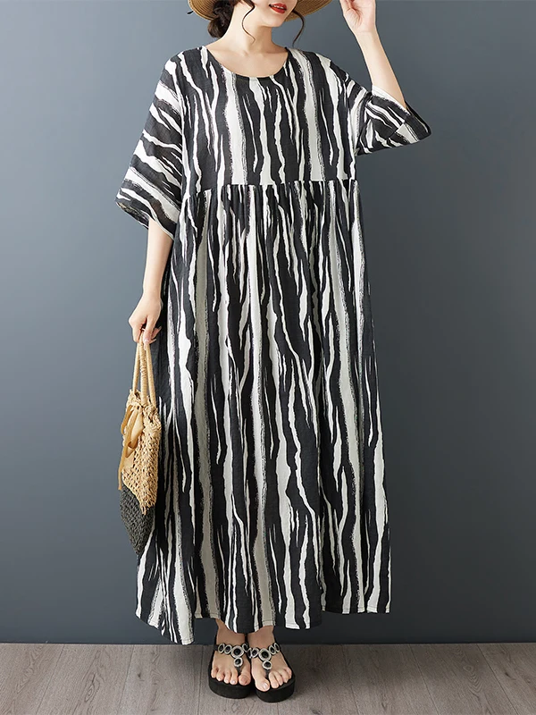 

Summer New plus Size Women's Dr n Sle Loose Fit Cotton Linen ort Sve round Ne Long Dr Ci Walk Suitable