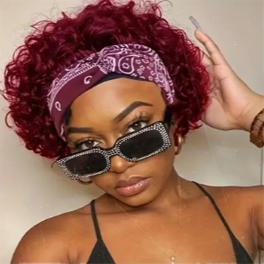 99J Burgundy Short Curly Pixie Cut Human Hair Headband Wig for Women, Machine Made Headband Wig for Daily Wear