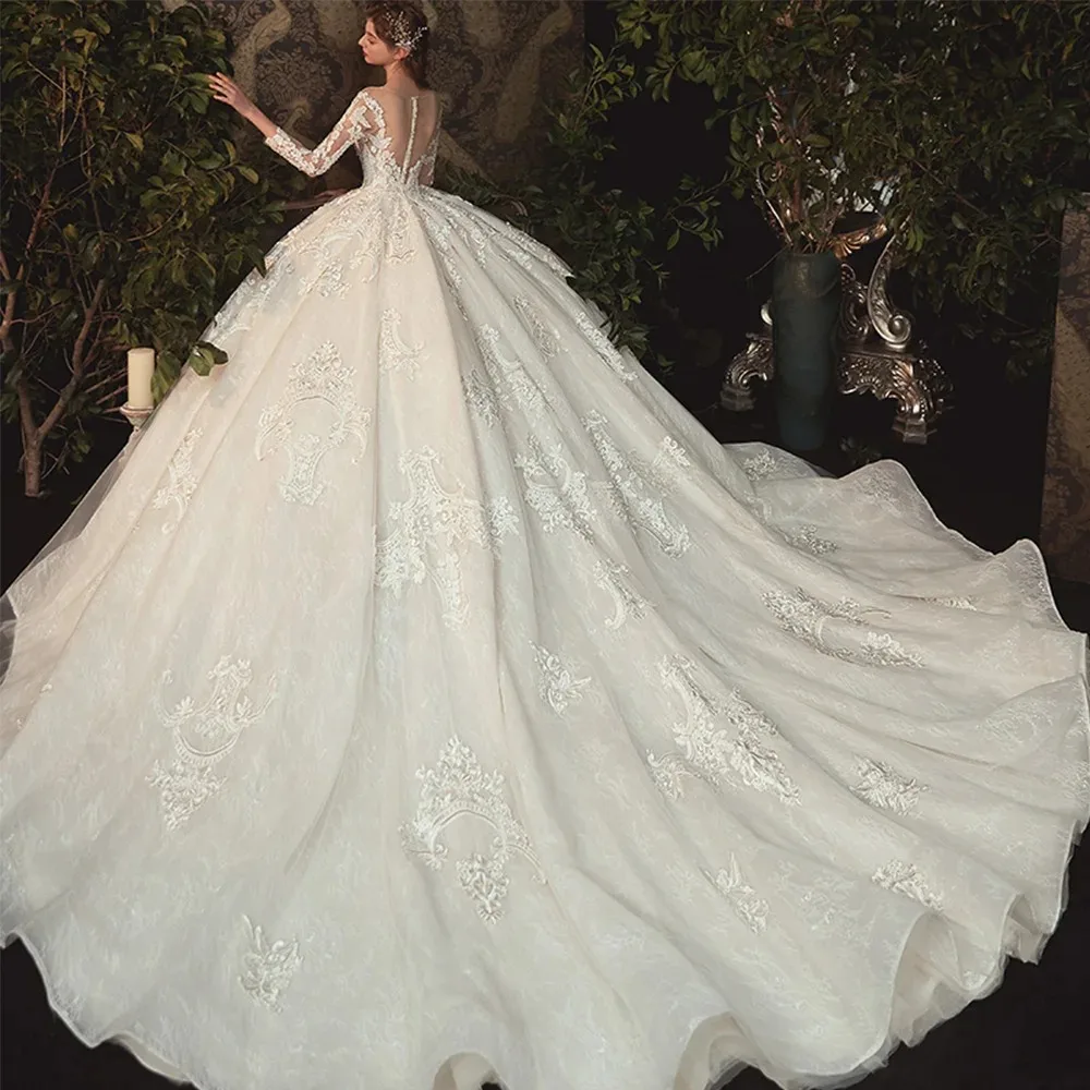 Custom New Beading Pearls Appliques Lace Illusion Princess Ball Gown Wedding Dress With Long Sleeve Vestido De Noiva Princesa