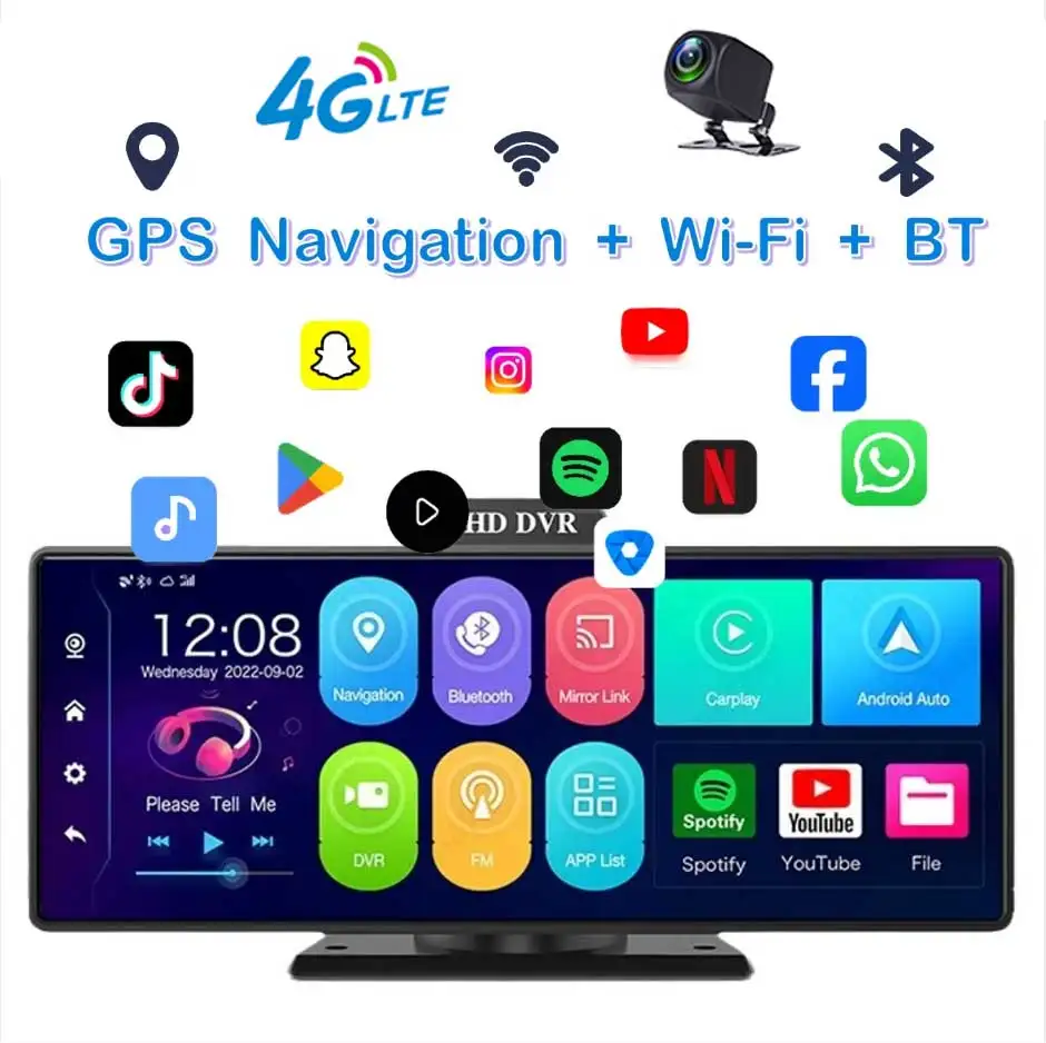 

10" 4G LTE Android 13 Car Dash Cam Dual 1080P Cameras GPS Navigation Live Remote Monitor Carplay & Android Auto WiFi Bluetooth