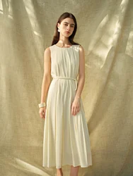 ZIQIAOใ2 ColorsใWomen Sleeveless Commuter Dress Spring New Beige Temperament Long X-LINE Dress With Sashes 25ZQ91147