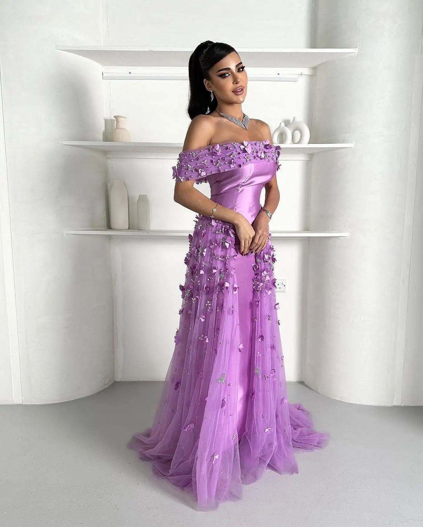 

Customized Exquisite Panel Train Pleats Crystal Flowers Off the Shoulder Evening Dress Graceful A-Line Short Sleeves Party Gown