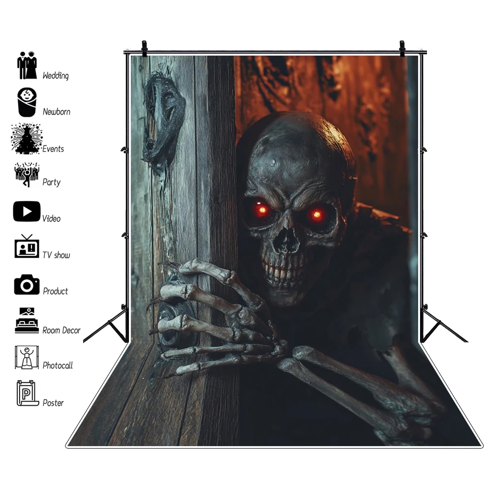 2025 هالوين التصوير خلفية رث باب خشبي الإرهاب شبح غيبوبة الاطفال الأسرة صورة خلفية استوديو الدعائم
