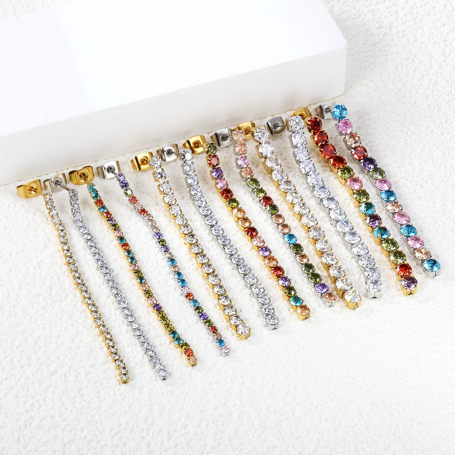 LUXUKISSKIDS Luxury Dazzling Cubic Zirconia Dangle Earrings Stainless Steel Long Drops Tennis Tassel aretes Woman Party Jewelry