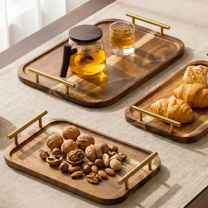 Wooden Serving Tray with Handle Household Tea Snack Storage Fruit Plate for Living Room Coffee Table Tabletop Display