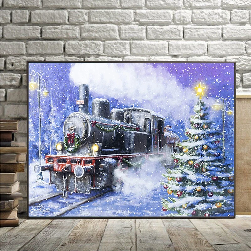 Treno mosaico pittura diamante arte punto croce bella scena di neve naturale fai da te diamante pieno ricamo decorazione