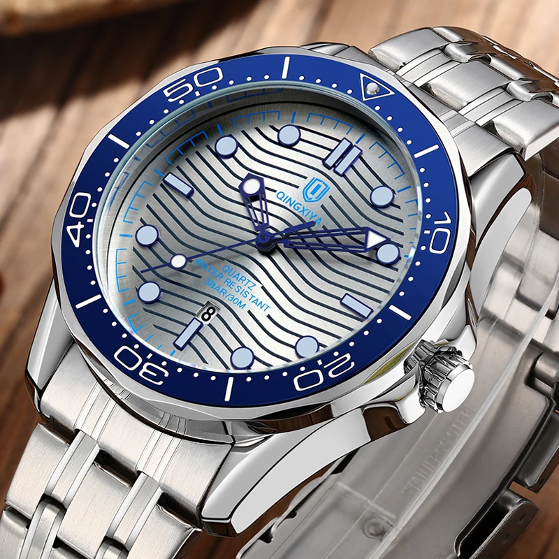 

QINGXIYA Горячие оригинальные роскошные мужские часы, водостойкий календарь, светящиеся кварцевые часы для мужчин, наручные часы из нержавеющей стали, мужские