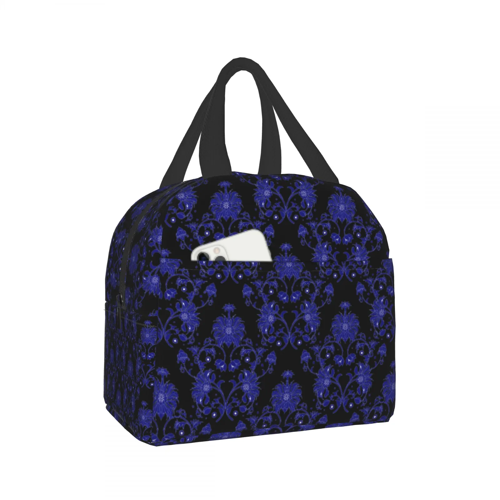 

Black Lunch Bag with Blue Vintage Floral Pattern, Elegant Retro Design, Front Phone Pocket, Ideal for Daily Use, Thermal Tote