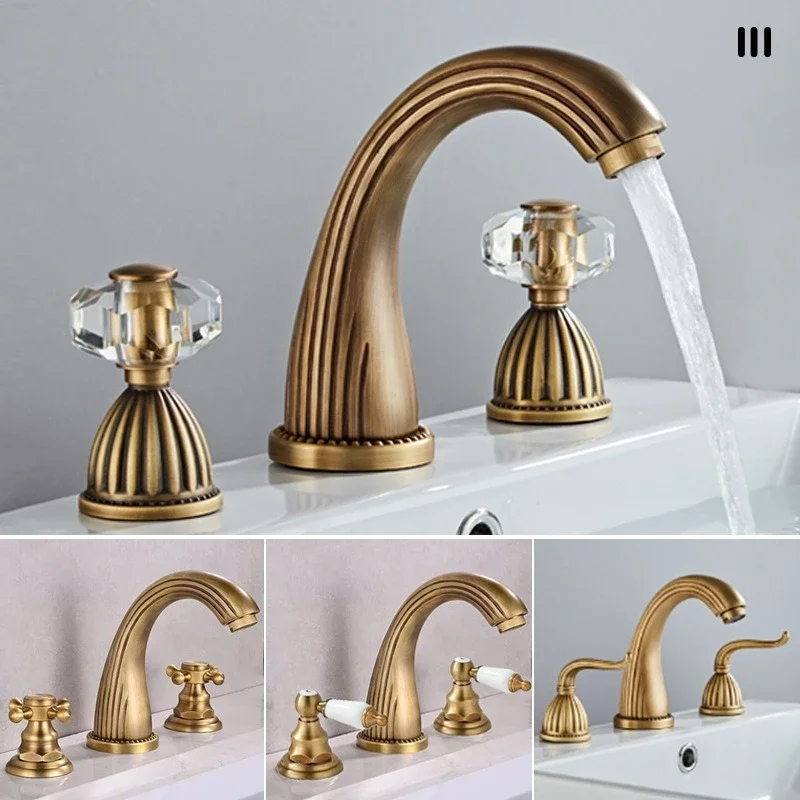 Antique Brass Bathroom Faucet 3 Holes Basin Faucet Deck Mount Tap Hot Cold Water Double Control Handles Basin Sink Mixer Taps