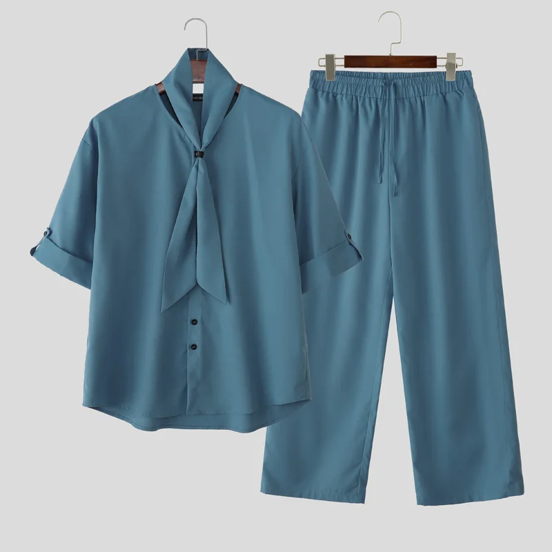 Incerun conjuntos masculinos cor sólida com decote em v camisa de manga curta e calças duas peças define streetwear solto 2025 moda casual ternos masculinos