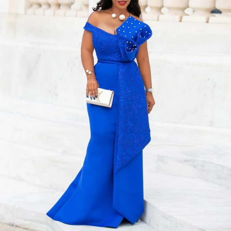 

2025Spring Summer New Cross-BorderINS Irregular Lace Off-Shoulder Handmade Ruffle Beaded Slim Fit Dress for Women