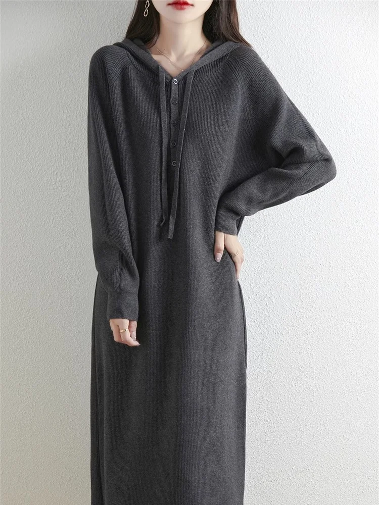 

Erdos Thi Warm Long Woolen Knitted Dr Autumn Winter Hooded Midi Sweater Dr Vintage Sle Loose Waist Long Sve