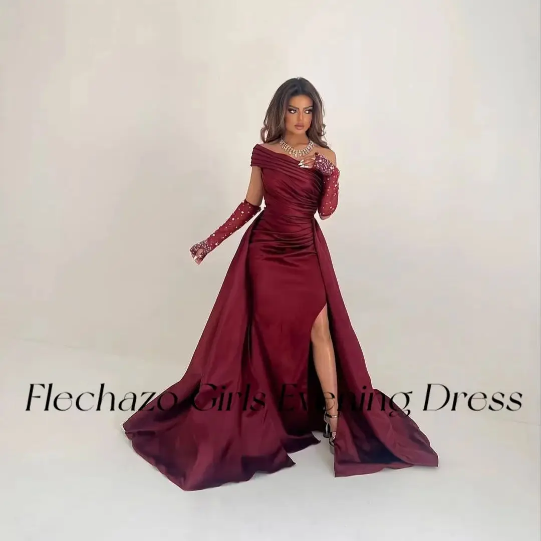 Vestido de fiesta Formal de satén sin tirantes para mujer, vestido de fiesta Formal con abertura de guante de cuentas brillantes, moda de belleza, vino tinto, 2024