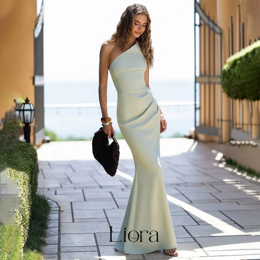 Liora Customized Elegant Light Green Silk Satin Evening Dresses Sleeveles Asymmetric One Shoulder Back Zipper Mermaid Prom Gowns