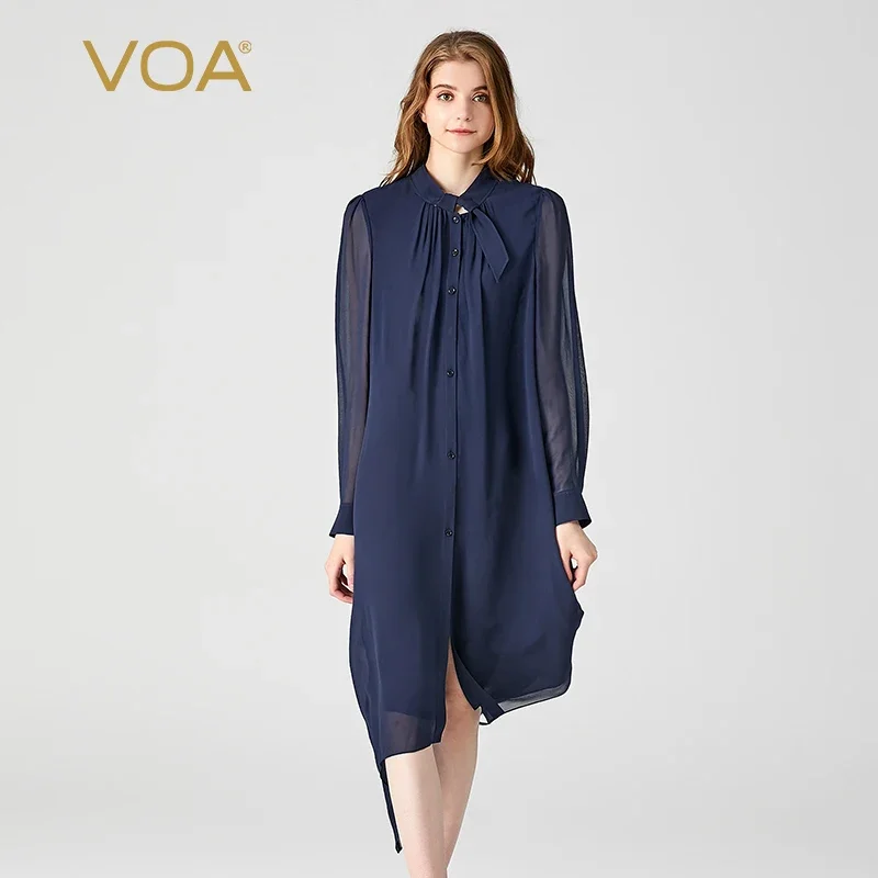 

VOA Silk Georgette Navy Blue Half High Collar Shirt Long Sleeve Single Breasted Loose Waist Double Layer Silk Dress Women AE1963