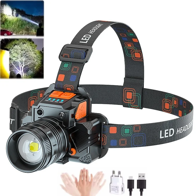 

High Power 20W LED Induction Headlamp Rotating Zoom With Built-in Battery USB Rechargeable Head Flashlight For Camping Fishing