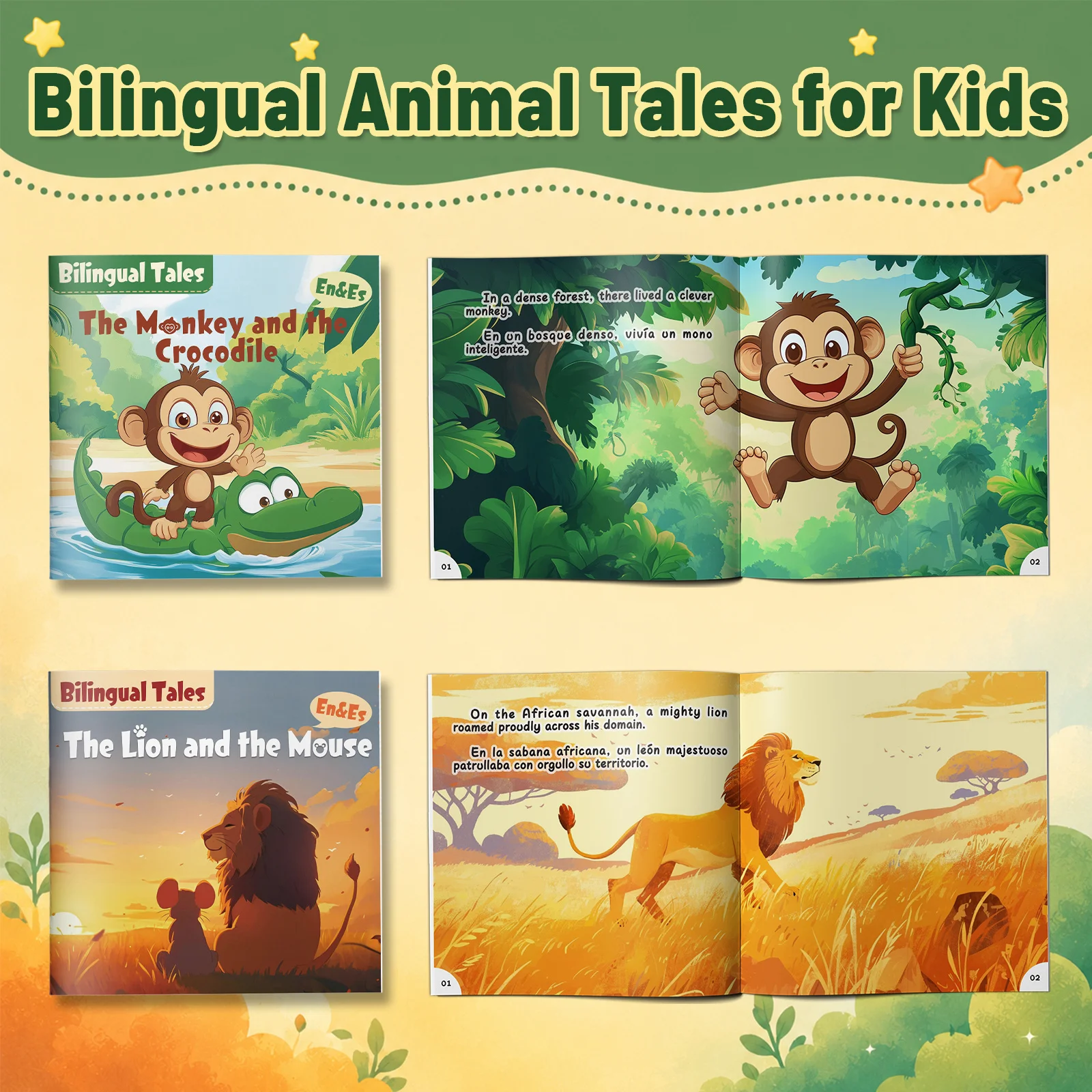 2 Pack Bilingual Animal Tales Picture Storybook Set, English and Spanish Dual Language Stories