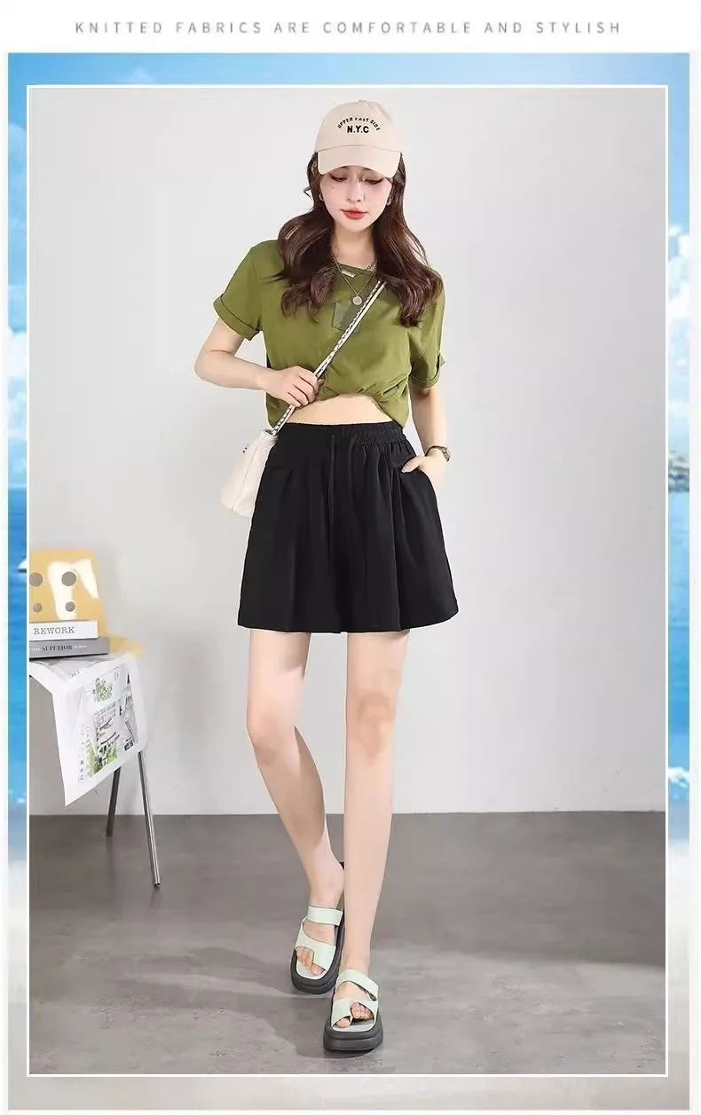 

High Waist Pleated Skirt Pants Women's Summer Outdoor Wear Lazy Style Drapey Wide Leg Skirt Pants Sport Shorts Elastic Waist