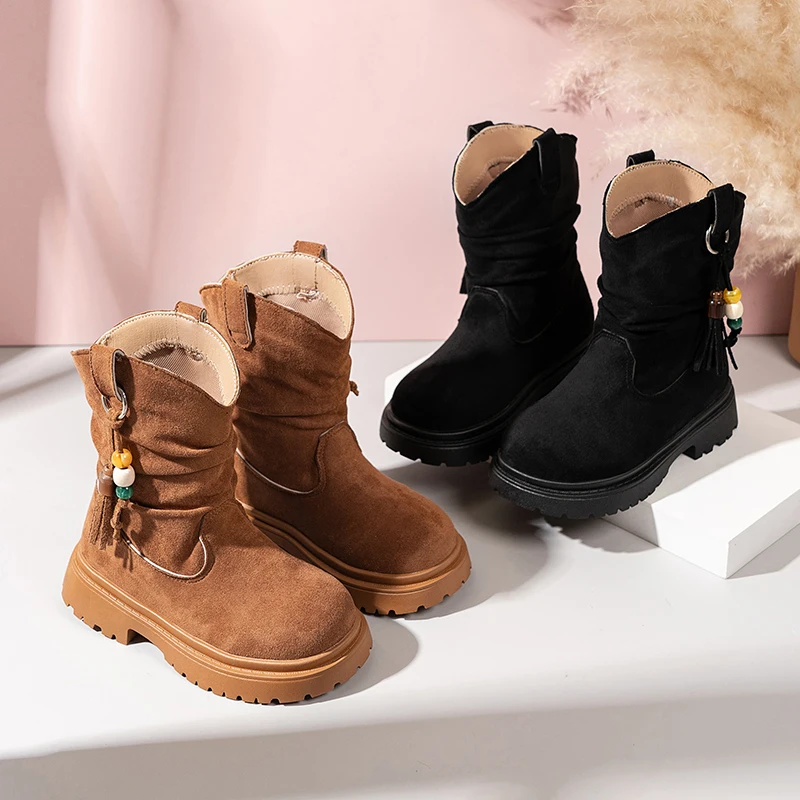 

Girls' Fashion Ankle Boots Ruched Western Boots Kids Suede Fringed Beading Decoration Slip-on Brown Long Boots Platform Shoes