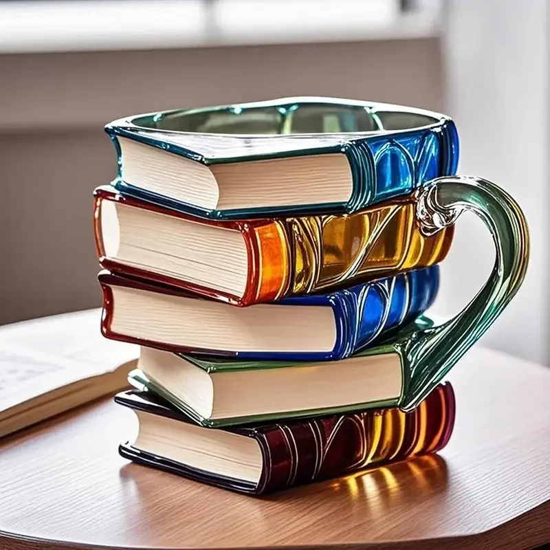 

Painted Book Mug 3D Colored Glass Book Coffee Mug Novelty Unique Books Stack Coffee Cup Spoon Creative 3D Stack Book Coffee Cup