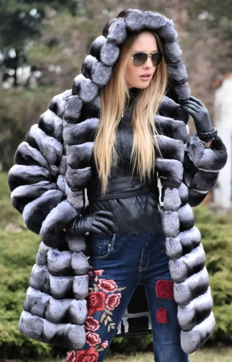 Women Real Rex Rabbit Fur Coat Fashion Chinchilla Hooded Jacket Winter Thick Natural Fur Warm Overcoat Lady Genuine Fur Outwear