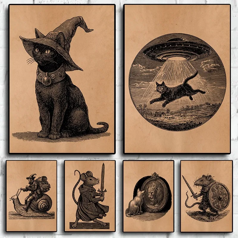 Antique Style Cat UFO Abduction Alien Medieval Knight Mouse Illustration Poste Canvas Painting Wall Art Pictures Home Decor
