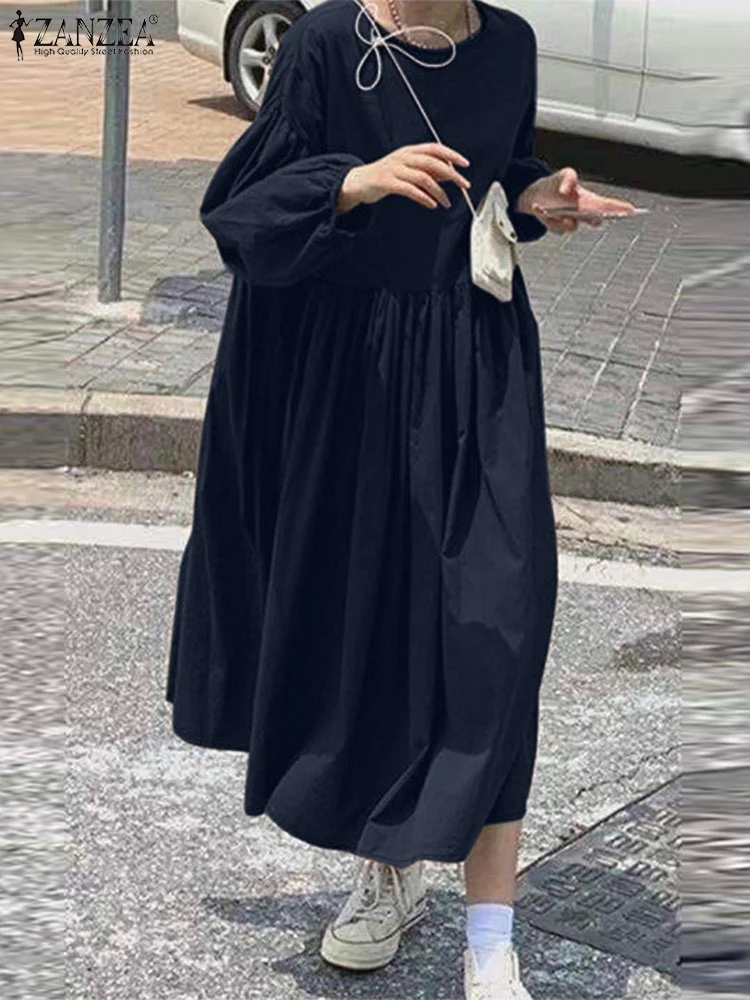 ZANZEA Long Puff Sleeve Vacation Smock Dress Solid O Neck Loose Casual 2024 Fall Midi Dress Korean Fashion Women A-line Vestidos