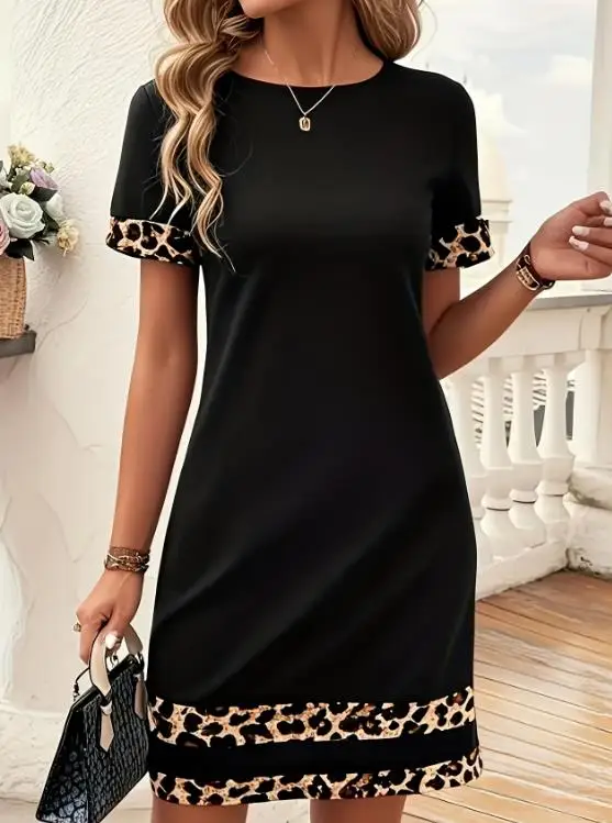 

Women's Dress Summer New Fashion Trend Personalized Casual Style Leopard Print Splicing Solid Color Round Neck Slim Fit Dress