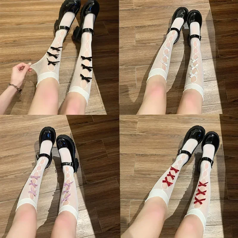 Women Fishnet Bowknot Hollow Out Calf Socks Spring and Summer Thin Lolita Sheer Skin Stacking Socks Breathable Sweet JK Socks