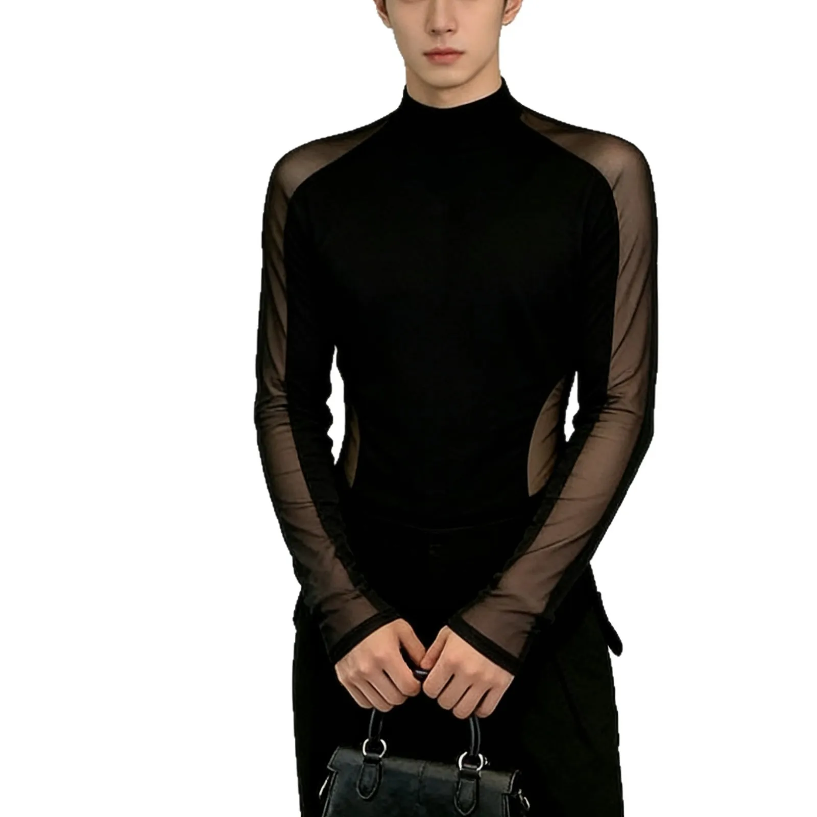Large Size Men's Black Mesh Long-sleeved T-shirt Perspective Elastic Tights Bottoming Shirt Night Men's Model Clothes - view 5