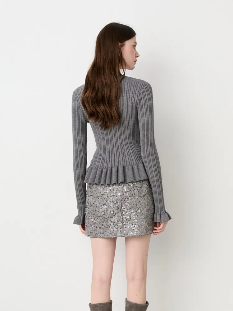 2026 Autumn Casual Womens Diamond V-Neck Slim Fit Knitted Sweater Office Ladies Ruffled Long Sleeve Knit Cardigan Tops Knitwear