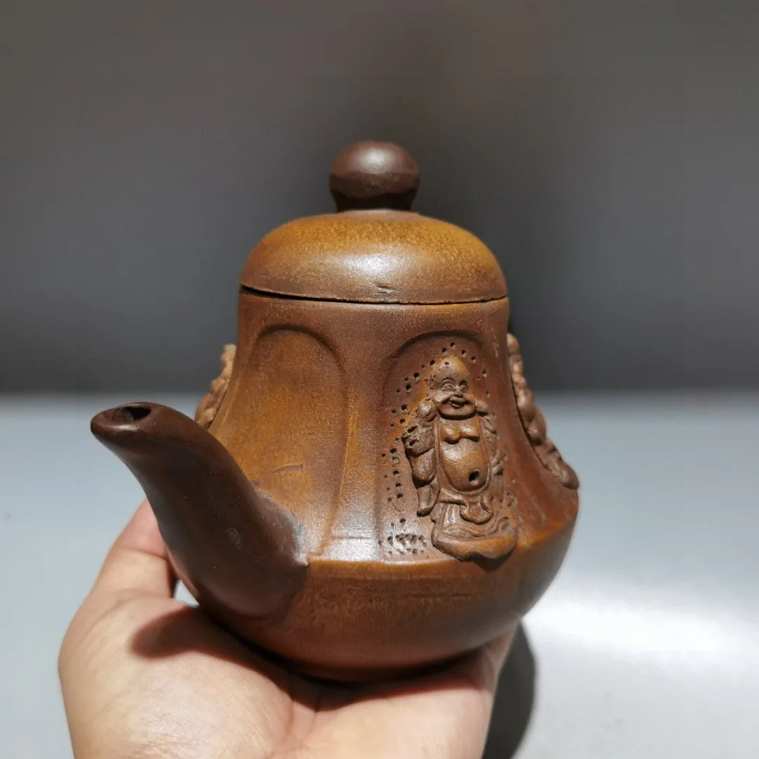 Yixing Teapot Purple Clay Pot Four sided Maitreya Buddha pattern Wine pot shape pot Teapot Kettle Tasting tea ceremony Ornaments