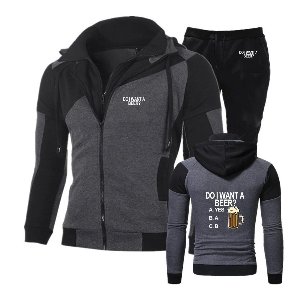 

2025 Funny Beer Pattern Print Men's Spring And Autumn New Diagonal Zipper Set Casual Hoodie Tops + Long Pants Fashion Suit