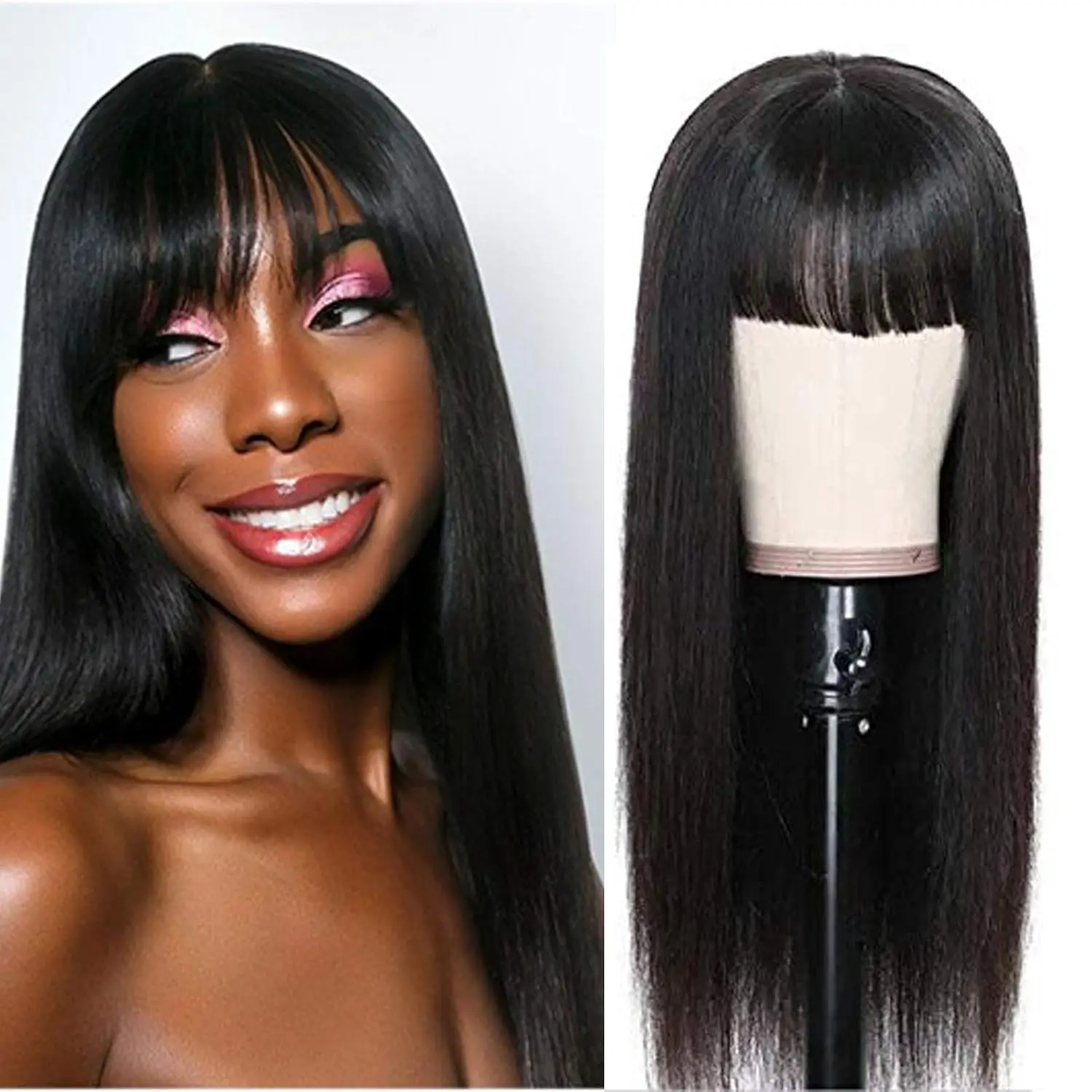 Alimice Long Straight Human Hair Wigs with Bangs Glueless Straight Virgin Human Hair Machine Made None Lace Front Natural Color