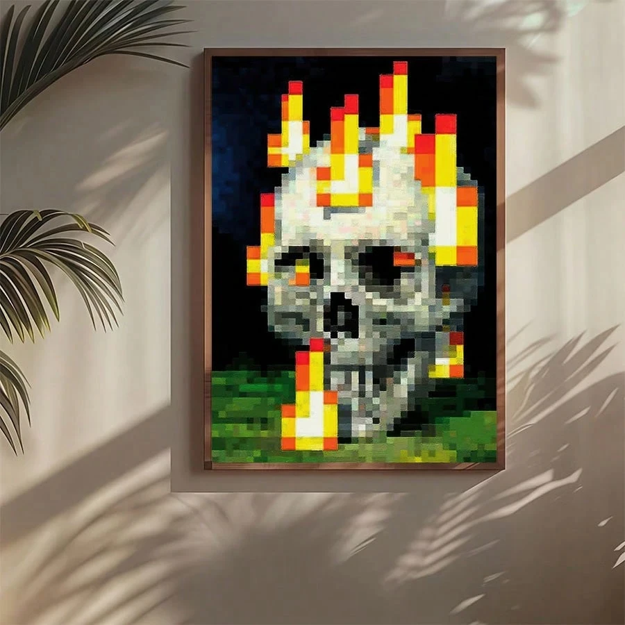 1pc Pixel Flaming Skull Wall Art: Polyester 2D Flat Print. Frameless Decor for Bedroom/Living Room, Edgy Home Accessory