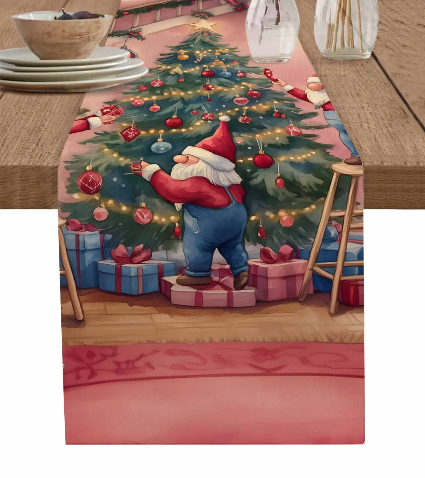 Winter Dwarf Christmas Tree Table Runner Cotton Linen Wedding Table Decor Tablecloth Kitchen Decor Table Runner