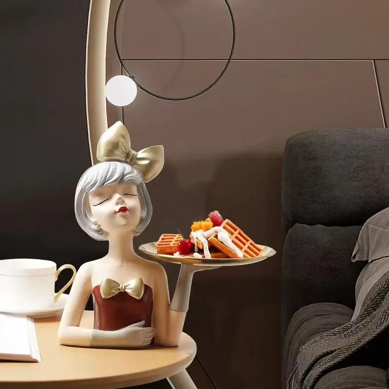 Resin Girl Statue with Storage Tray Nordic Modern Key Holder Figurine Sculpture for Living Room Office Desk