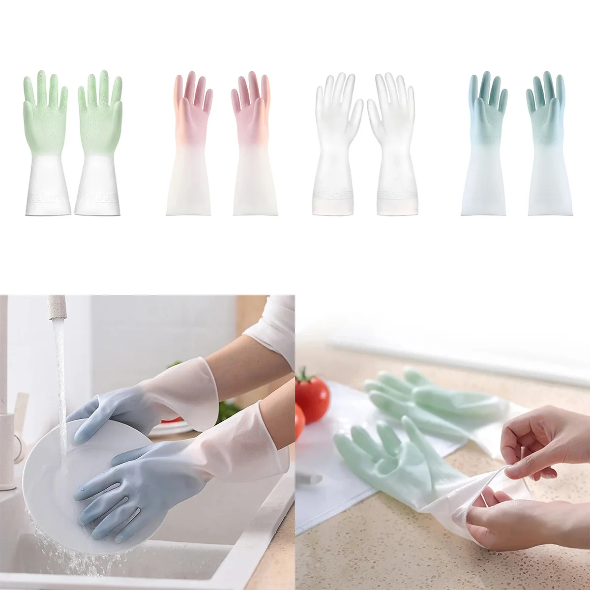 1Pair Silicone Cleaning Gloves Waterproof  Dishwashing Cleaning Gloves Scrubber Dish Washing Sponge Rubber Gloves Cleaning Tools