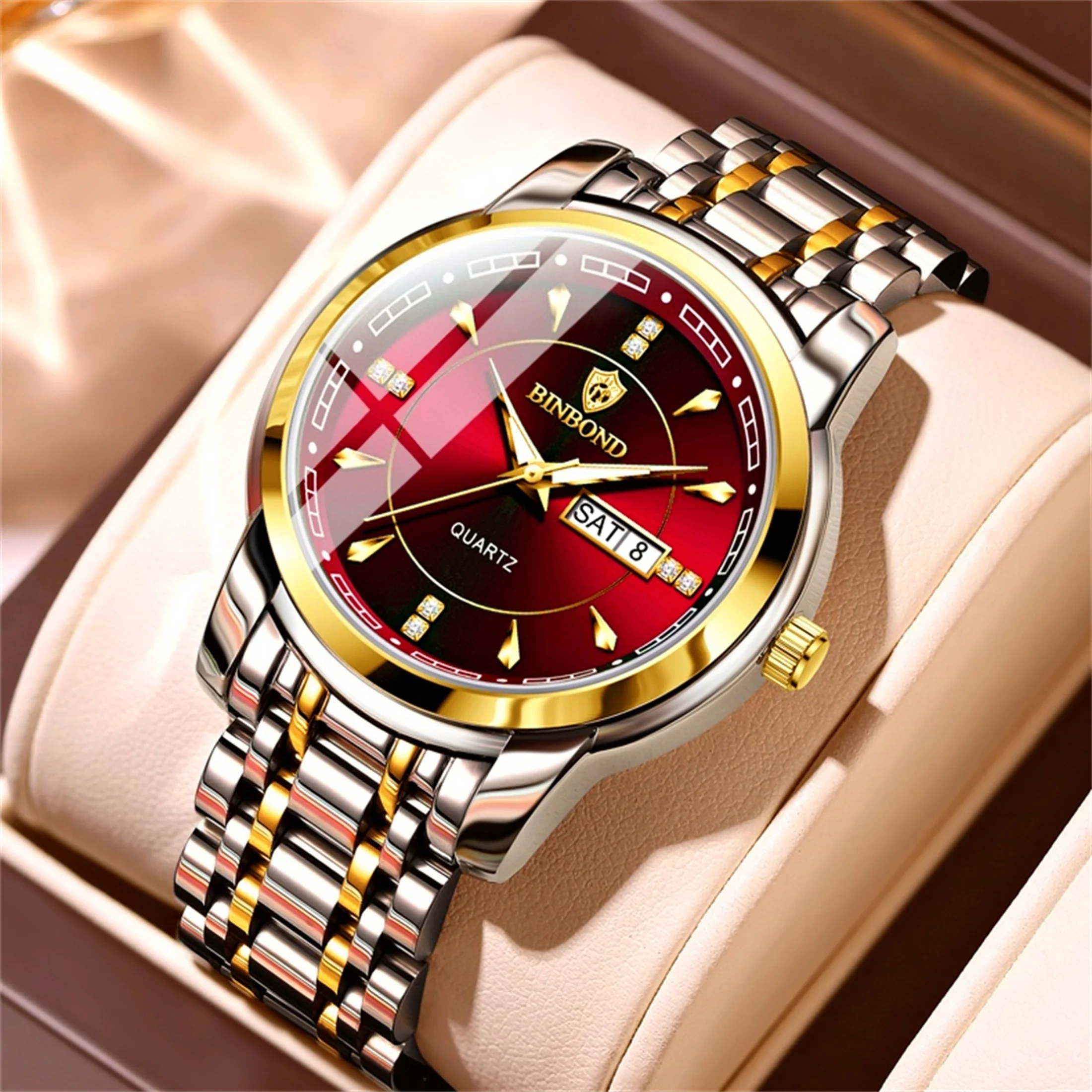 

Деловые часы, модные мужские часы, 30 м, водонепроницаемые, с календарем и датой, со стразами, ремешок из нержавеющей стали, кварцевые часы